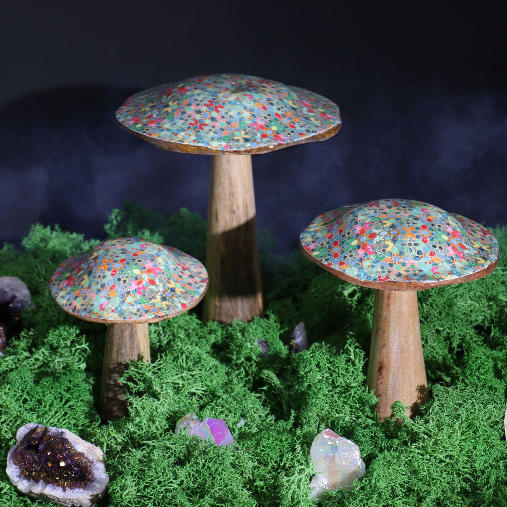 Large Wooden Mushroom - Mediterranean Tile Pattern