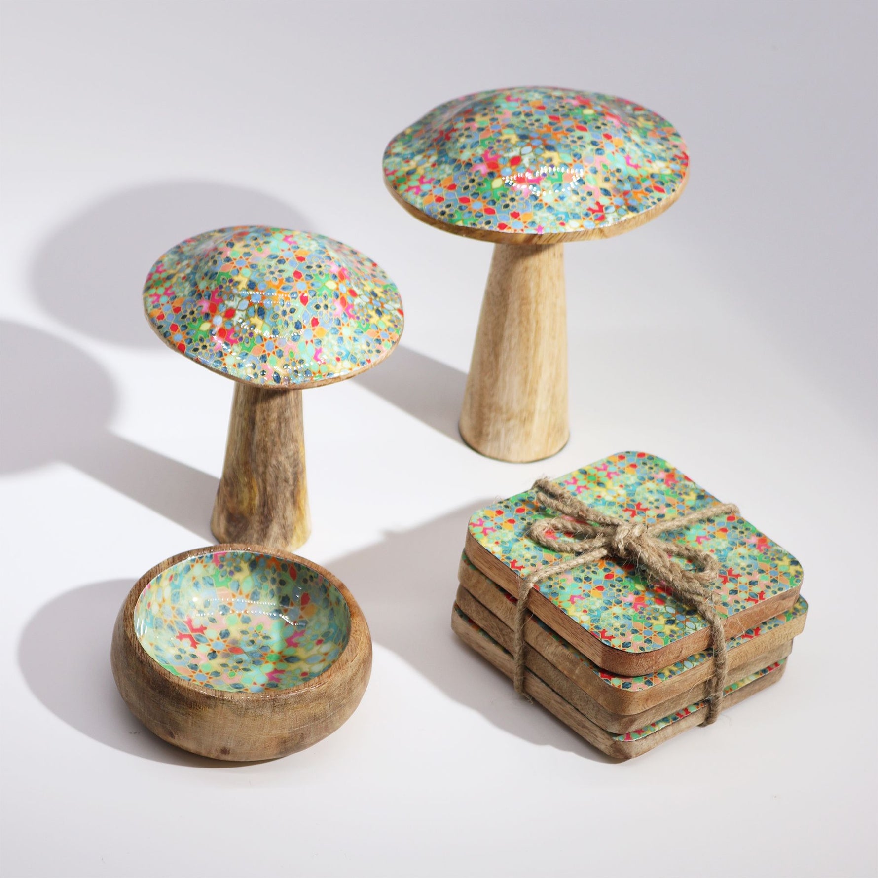 Small Wooden Mushroom - Mediterranean Tile Pattern