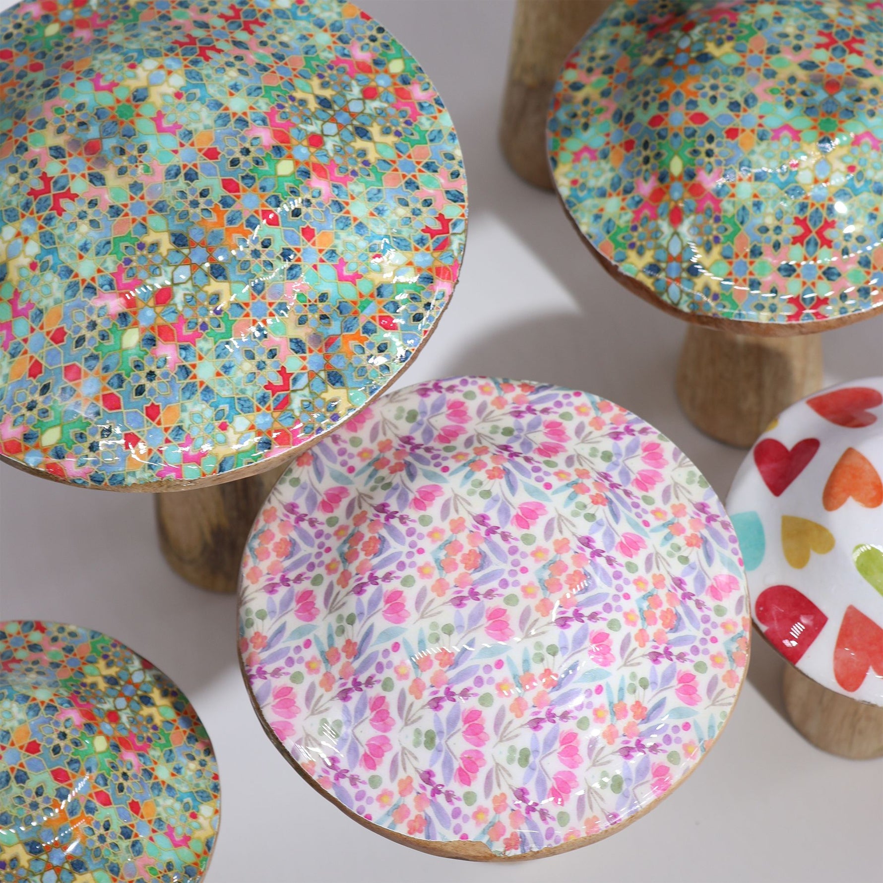Large Wooden Mushroom - Pastel Hearts