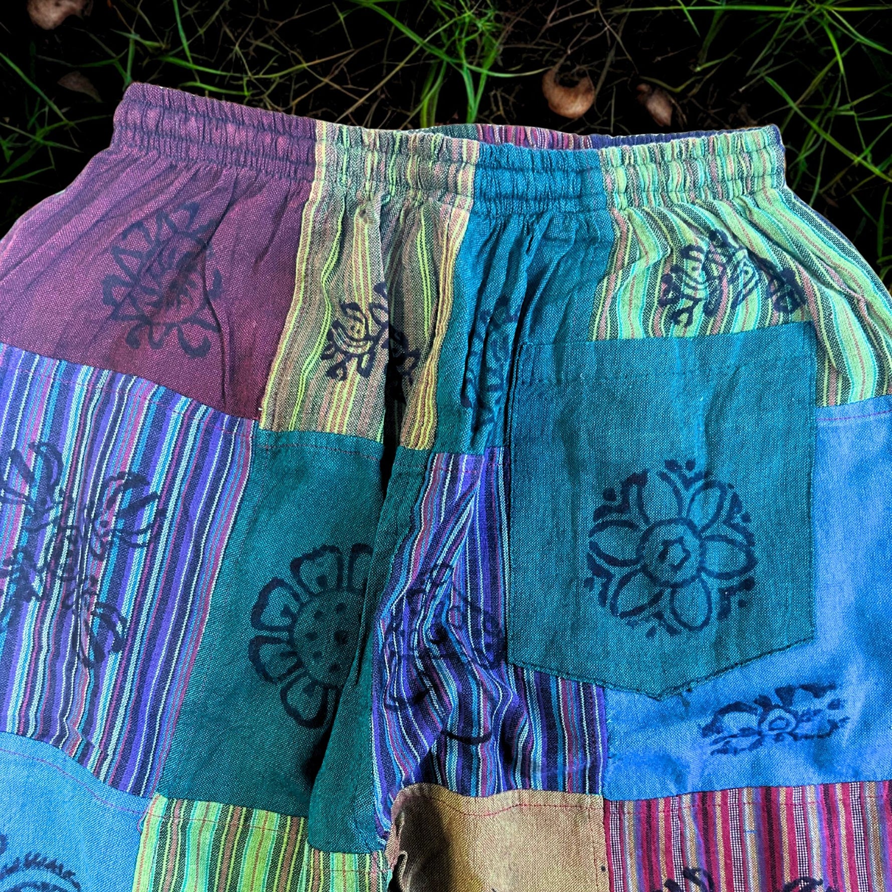 Nomad Sari - Mushroom Pants - Block Print Designs -Green Tones S/M