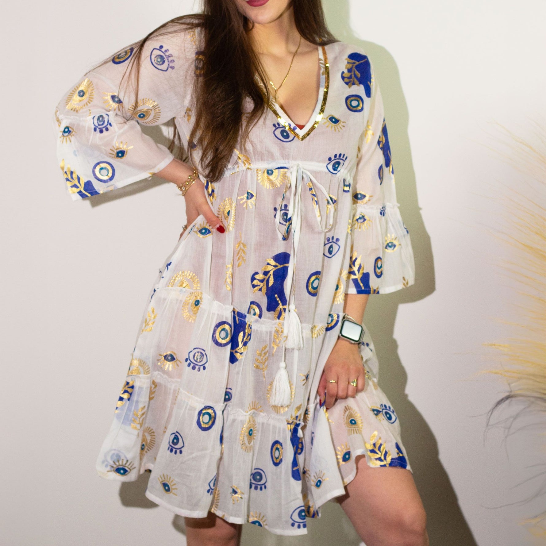 Nomad Sari Evil Eye Dress – White, Blue & Gold – Size L/XL