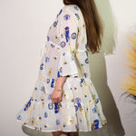 Nomad Sari Evil Eye Dress – White, Blue & Gold – Size M/L