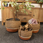 Straw & Seagrass Large Baskets - Natural & Orange- Set of 3