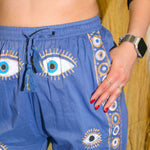 Nomad Sari Lounge Pants (L/XL) – Rich Blue with Hand-Painted Gold Evil Eye Design